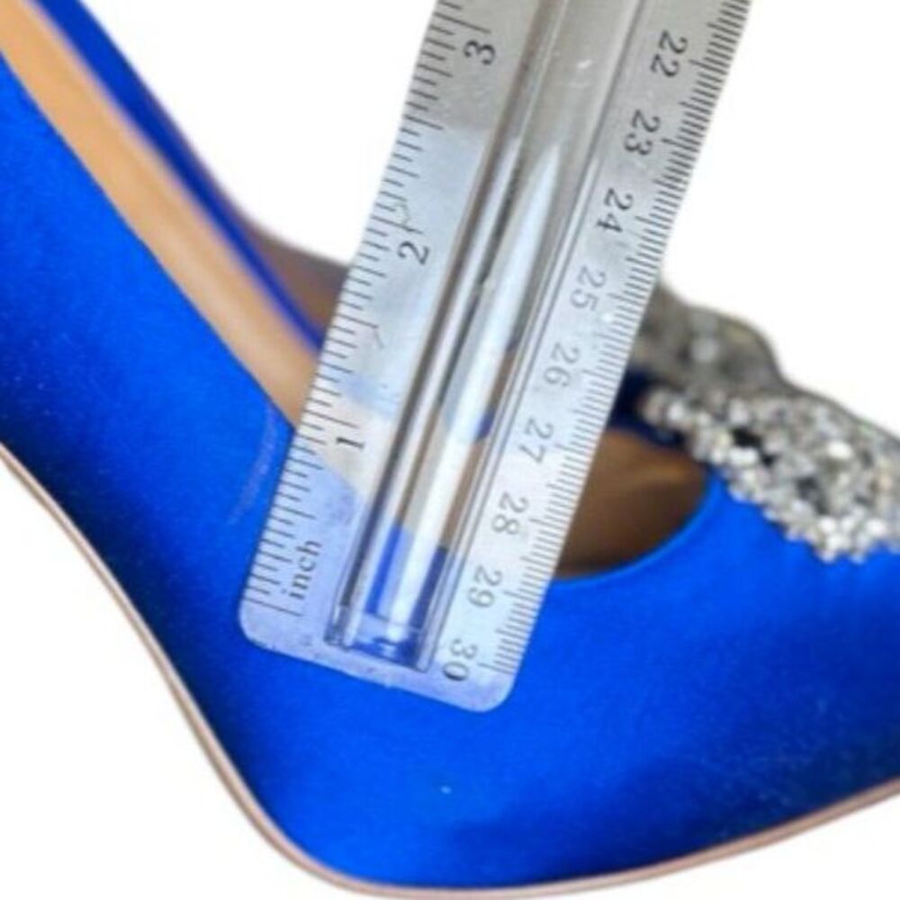 Electric blue satin 4 inch stiletto pumps with crystal brooch - Picture 4 of 6